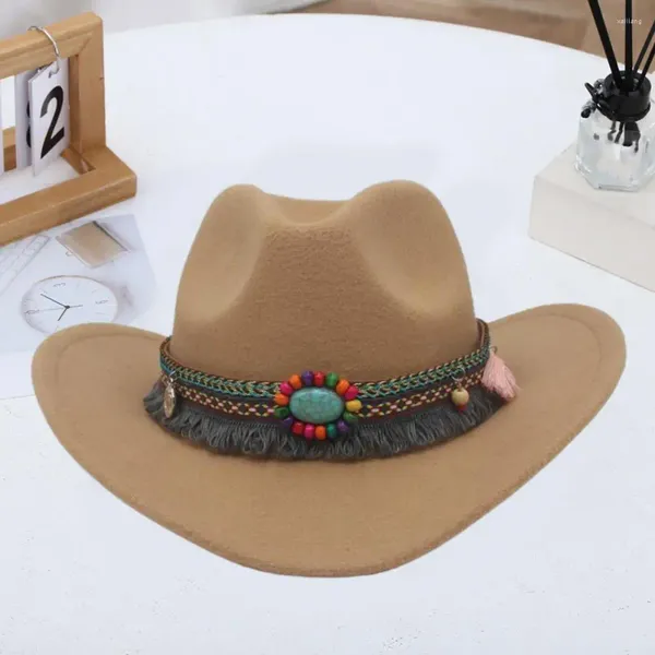 Bérets Chapeau de cowboy en laine Hommes Femmes Fedora Style ethnique à la mode avec perles Ceinture Décor Unisexe Top pour