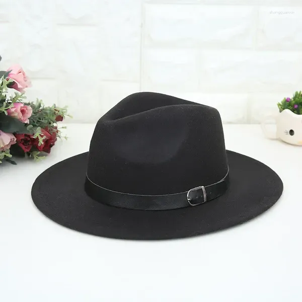 Bérets laine feutre Fedoras hiver automne femmes chapeau classique couleur unie Fedora chapeaux femme dame large bord plat haut Jazz casquette seau