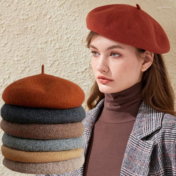 Bérets en laine solide pour femmes, chapeaux épais d'artiste français, chapeau de peintre de rue, casquettes chaudes pour filles, automne et hiver