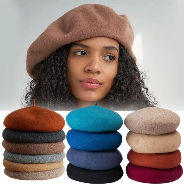 Boinas de lana, sombreros lisos para mujer, Otoño Invierno, boina gruesa Vintage de artista francés, sombrero de pintor callejero, gorros cálidos para niñas y mujeres