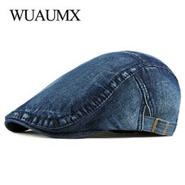 Boinas Wuaumx Simple lavado Denim Hat Hombres Mujeres Primavera Verano Peaked Flat Cap Artista Duckbill Casual Herringbone Sboy 230825