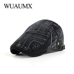 Bérets WUAUMX printemps hommes béret chapeaux rayé plat casquette femmes lavé Denim chevrons casquette visières réglable gorras hombre 231027