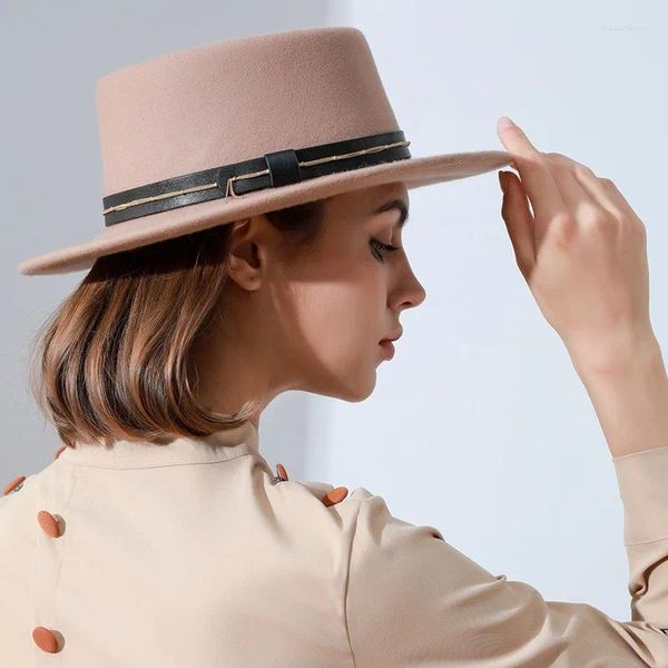 Bérets X4069 laine feutre casquette ceinture chaîne chapeau marron bord plat dôme adulte mode Fedora chapeaux femmes