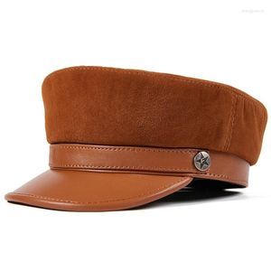 Bérets X7019 chapeau haut de forme en peau de mouton à la mode pour les jeunes étudiants en cuir militaire véritable casquettes à visière casquette de l'armée de Sport