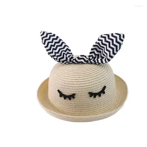 Bérets Xeongkvi mignon dessin animé plissant rayures oreilles enfants bridant chapeau de soleil marque d'été chapeaux de paille pour garçon fille bébé large bord casquette
