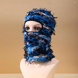 Bérets Y2K Balaclava en détresse tricoté masque de ski complet Hipop unisexe Shiesty extérieur camouflage polaire bonnets flous