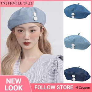 Bérets Y2K japonais bouton décoration Denim béret casquette printemps été rétro tempérament britannique tendance peintre chapeau femmes casquettes Gorras Z0616