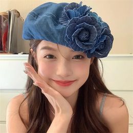 Baretten Y2K Koreaanse ontwerper Vintage elegantie Denim blauw Camellia baret hoeden voor dames Lente Zomer Vrouwelijkheid Niche Casual schilderspetten 231130