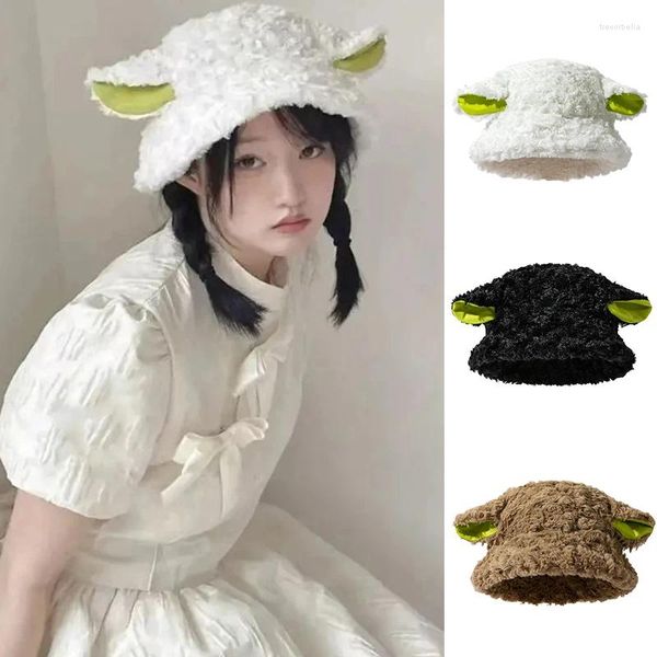 Boinas Y2K Lolita Oveja Oreja Kawaii Fleece Boina Sombrero Lindo Cordero Peluche Cubo Pescador Invierno Cálido Regalo Moda Versátil