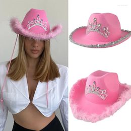 Berets y2k roze West Cowgirl hoeden voor dames koe meisje tiara veer voelde westerse pailletten cowboy hoed feestje play jurk caps