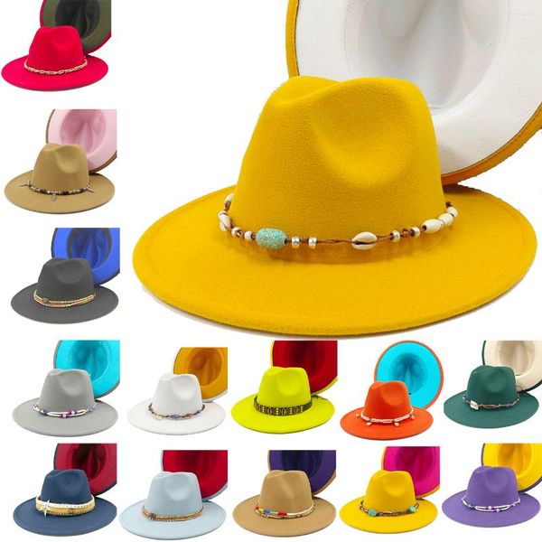 Boinas Sombreros de fieltro amarillos y blancos Panamá Sombrero de fieltro Jazz Top Mujeres británicas Hombres Venta al por mayor