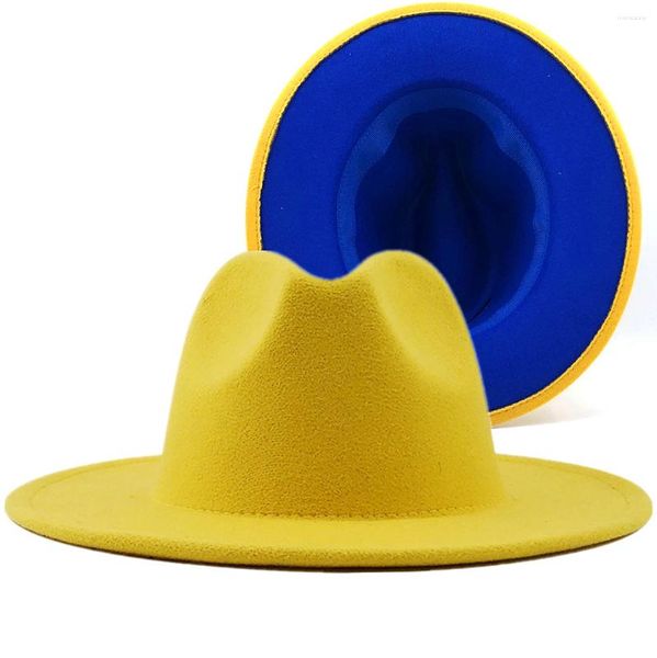 Bérets Jaune Bleu Patchwork Laine Feutre Jazz Fedora Chapeaux Avec Boucle De Ceinture Hommes Femmes Large Bord Panama Cowboy Trilby Chapeau 57-60 cm