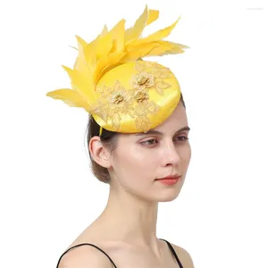 Bérets jaunes de cheveux satin formels fascinateur chapeau de soirée en soirée pour dames Headpiece Nice Gril Mesh Bridal Wedding with Feathers