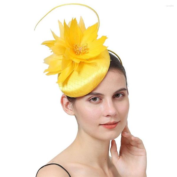 Boinas Amarillo Formal Satén Tocado para el cabello Sombrero Fiesta de noche Señoras Tocado Bonito Gril Malla Nupcial Boda con plumas