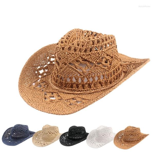 Boinas Yose Tejido a mano Western Cowboy Cowgirl Sombrero Paja Verano Mujer Sol Hollow Out Beige Mujeres Hombres Unisex Sunhat