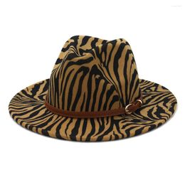 Baretten Zebra Gestreepte Print Jazz Fedora Hoeden Met Bruine Gesp Vrouwen Mannen Brede Rand Kerk Party Vilt Hoge hoed Panama Cap