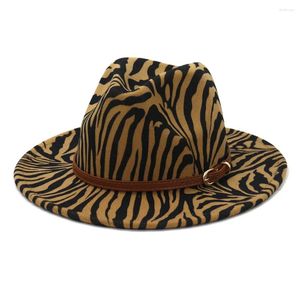 Bérets Zebra rayé imprimé Jazz Fedora chapeaux avec boucle de ceinture marron femmes hommes large bord fête feutre chapeau haut-de-forme Panama casquette