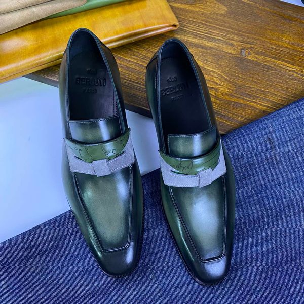 berluti Chaussures formelles Lefu haut de gamme pour hommes avec tige en cuir de vachette conception de coutures en cuir givré barre transversale semelle en cuir véritable pur peint à la main