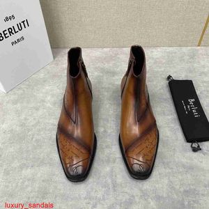 BERLUTI bottes en cuir nouveaux hommes en cuir de veau brossé britannique Gentleman Martin bottes Scritto à motifs Chelsea bottes en cuir HB2F