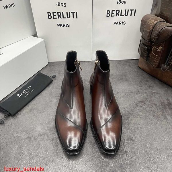 BERLUTI Botas de couro masculinas novas botas martin de couro de bezerro polido à mão britânico cavalheiro Goodyear Chelsea botas de couro HBNV