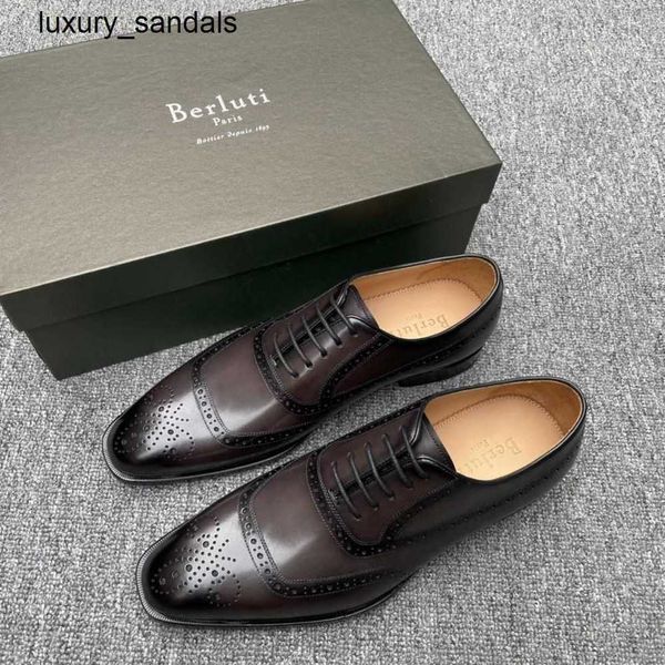 Berluti Chaussures en cuir pour hommes Chaussure habillée Berlutibruti Goodyear Fait à la main Adhésif à froid Bloc formel sculpté Couleur respirante Essuyée True Sole RJ