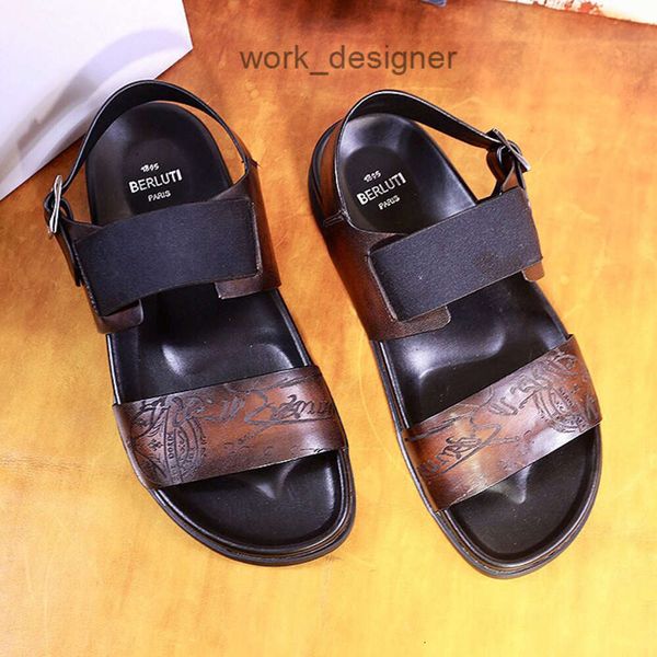 Berluti Mens Sandals Geatic Leather Womens Beach Chaussures de banlieue de banlieue avec des talons purs à la main