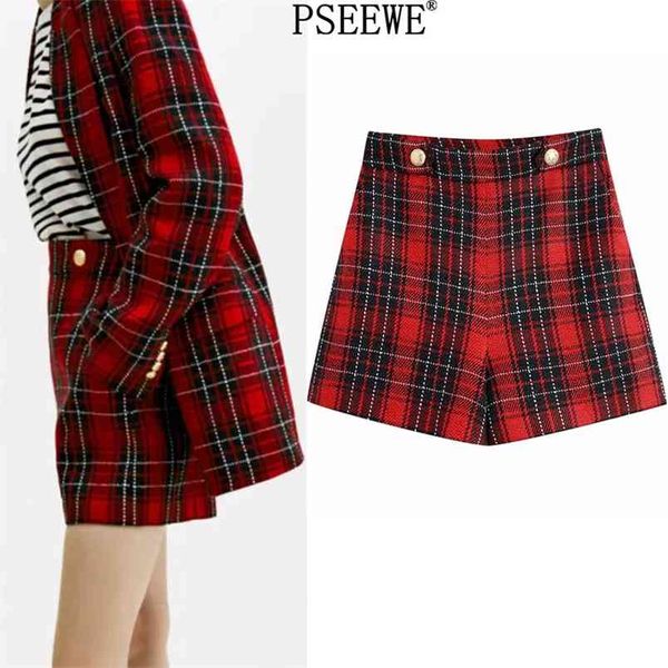 Bermuda cintura alta mulheres curtas vermelho tweed xadrez mulher shorts vintage abotoado lado zip a-line escritório casual 210519