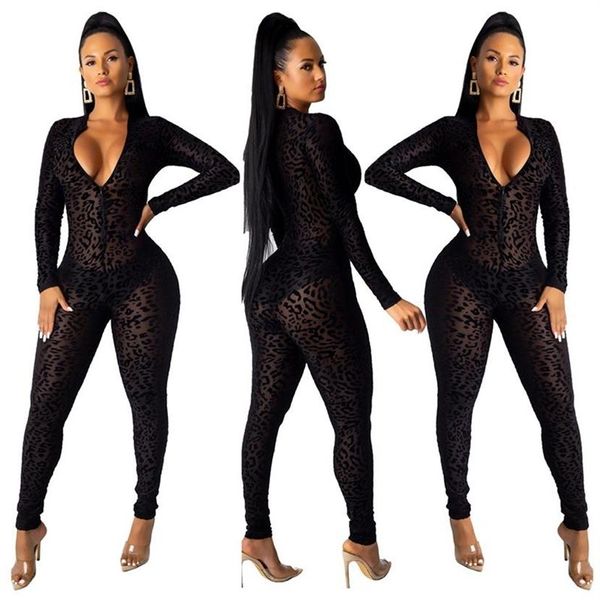 BERN 011912 Robe Animal Instinct Mesh Bodystocking Léopard Voir À Travers Velours Barboteuses À Manches Longues Combinaison Femme Sexy Minuit C2981