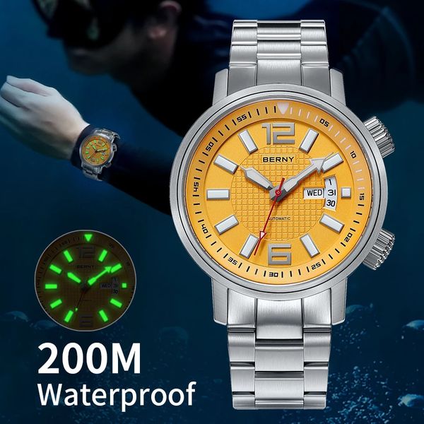 BERNY 20ATM hommes montre automatique de plongée super étanche saphir lumineux montre-bracelet mécanique à remontage automatique pour montres de sport 231226