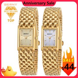 BERNY Gouden Horloge voor Dames Vierkante Dames Quartz Horloges Roestvrij Staal Kleine Luxe Casual Mode 240328