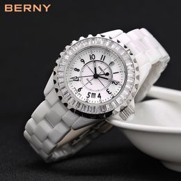 BERNY Witte Keramische vrouwen horloges waterdicht luxe Japan Quartz relogio feminino Cadeau Voor Kerstmis Nieuwjaar 2316L2766