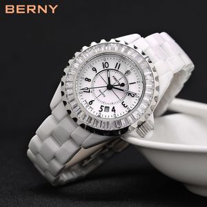 Relojes BERNY de cerámica blanca para mujer, relojes de cuarzo japoneses de lujo resistentes al agua, regalo femenino para Navidad, Año Nuevo 2316L2320