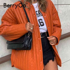 BerryGo automne hiver surdimensionné léger PU cuir parka femmes mode sans col doudoune femme solide simple boutonnage outwear 211130