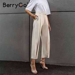 BerryGo drapeado suelto recto capris pantalones cintura alta delgado oficina pantalones femeninos ocio casual albaricoque verano mujeres 210915