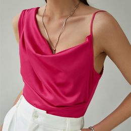 Berrygo Elegant Office Lady Silk Top Pink Summer Satin Crop Top met onregelmatige riemen Fashion Zipper Pure tanktop Vrouwen 220628