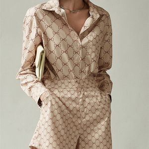 Berrygo Elegant Short Sets Silk Shirt For Women Fashion Long Sleeve Pocket Print Two Piece Summer Casual Work Satin 220509
