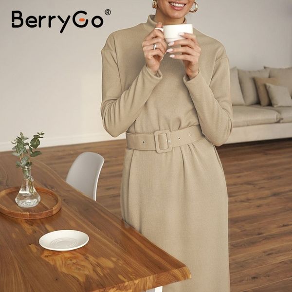 BerryGo droite femmes solide robe chaude tricoté à manches longues robe midi automne Chic streetwear solide ceinture dames travail robe 210319