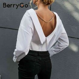 BerryGo V neck white Backless chain women blouse shirts Long sleeve botton turn down collar tops Elegant spring blouse ladies 210410