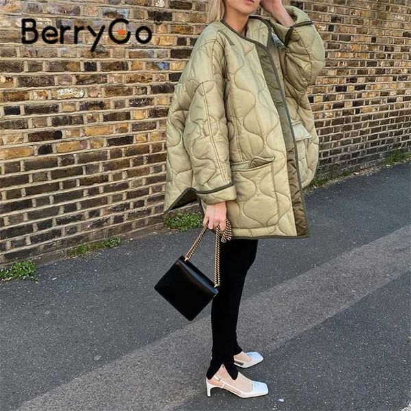 BerryGo invierno verde parka corta mujer Casual manga larga abrigos sin cuello mujer bolsillo grueso chaqueta cálida tops 211018