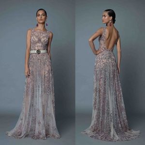 Berta 2019 een lijn backless prom dresses luxe kralen juweel nek formele avondjurken illusie lange sweep trein pageant rode loper jurk