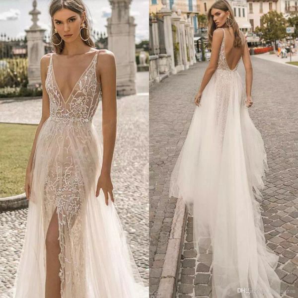 Berta 2019 Vestidos de novia de playa Ilusión Cuello en V Apliques de encaje Vestidos de novia División lateral Tul Sin espalda Diseñador Vestidos de novia de una línea