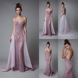 Berta 2019 vestidos de noche de lavanda sin espalda de lujo con cuentas de ilusión de cristal vestidos de graduación de sirena con tren desmontable cuello transparente Par2544