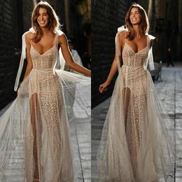 Berta 2020 dentelle perles robes De mariée bretelles Spaghetti plage paillettes dos nu robes De mariée Vestido De Novia286d