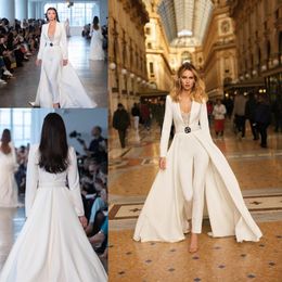 Berta 2023, traje pantalón de boda de manga larga con tren, espalda completa, Sexy, cuello en V, mancha mate, mono de novia personalizado, vestido de boda 309h