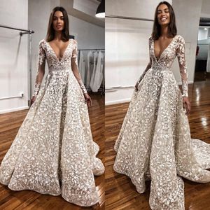 Berta A Line Dress Appliques Plunging V Neck Vintage trouwjurken Vestidos de novia Illusie Lange mouwen Designer Bruidsjurken