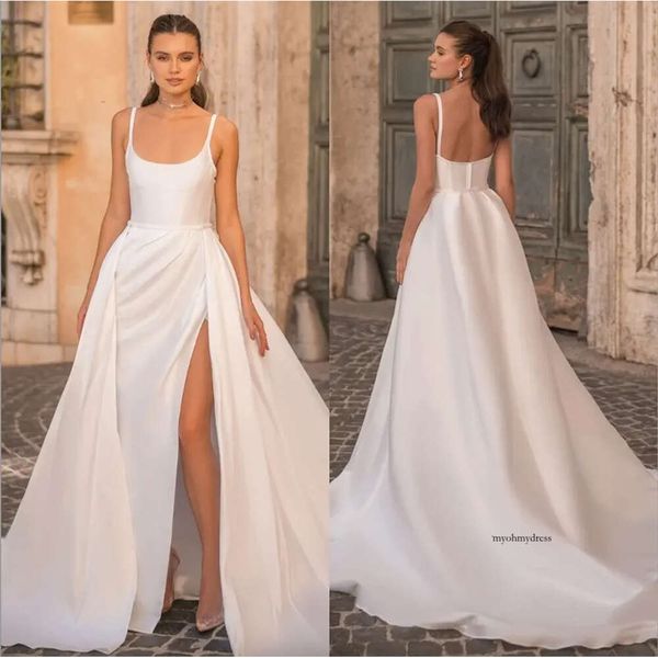 Berta A Line Robes pour mariée Spaghetti Satin Overskirts Robe de mariée Vestidos de Novia CHIGH SLIT DESCRIR BRIDAL BUDALS 0509