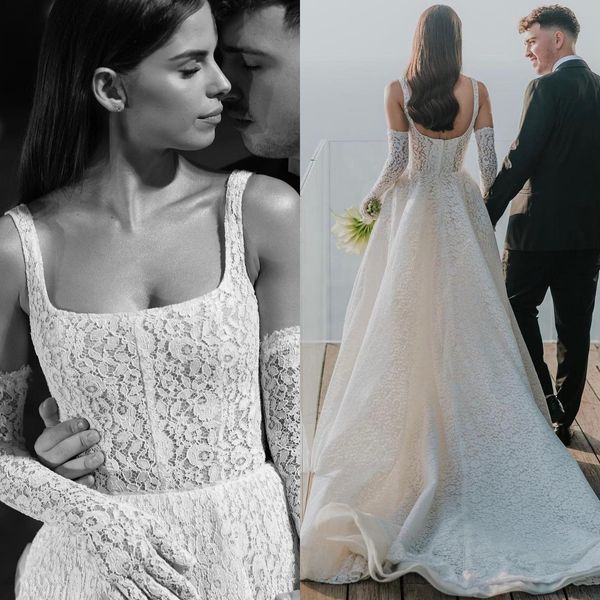 Berta A ligne robe de mariée pour mariée bretelles fulllace boho robes de mariée robes de mariée os corsage fermeture éclair dos dentelle pleine pays robe de mariage