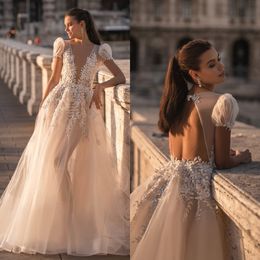 Berta A-lijn Trouwjurken voor bruid Illusion Diepe V-hals Backless Trouwjurk vestidos de novia Pailletten Applicaties designer bruidsjurken