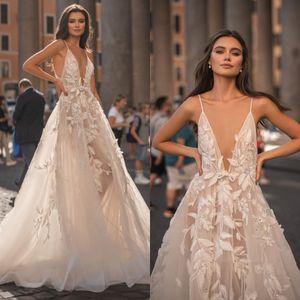 Berta A Line Trouwjurken voor bruid Spaghetti V-hals Backless Trouwjurk vestidos de novia Kant Applicaties designer bruidsjurken