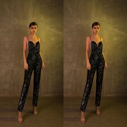 Berta zwarte lovertjes jumpsuits prom jurken sexy spaghetti nek vestidos de fiesta vloer lengte goedkope avondjurk formele vrouw broek